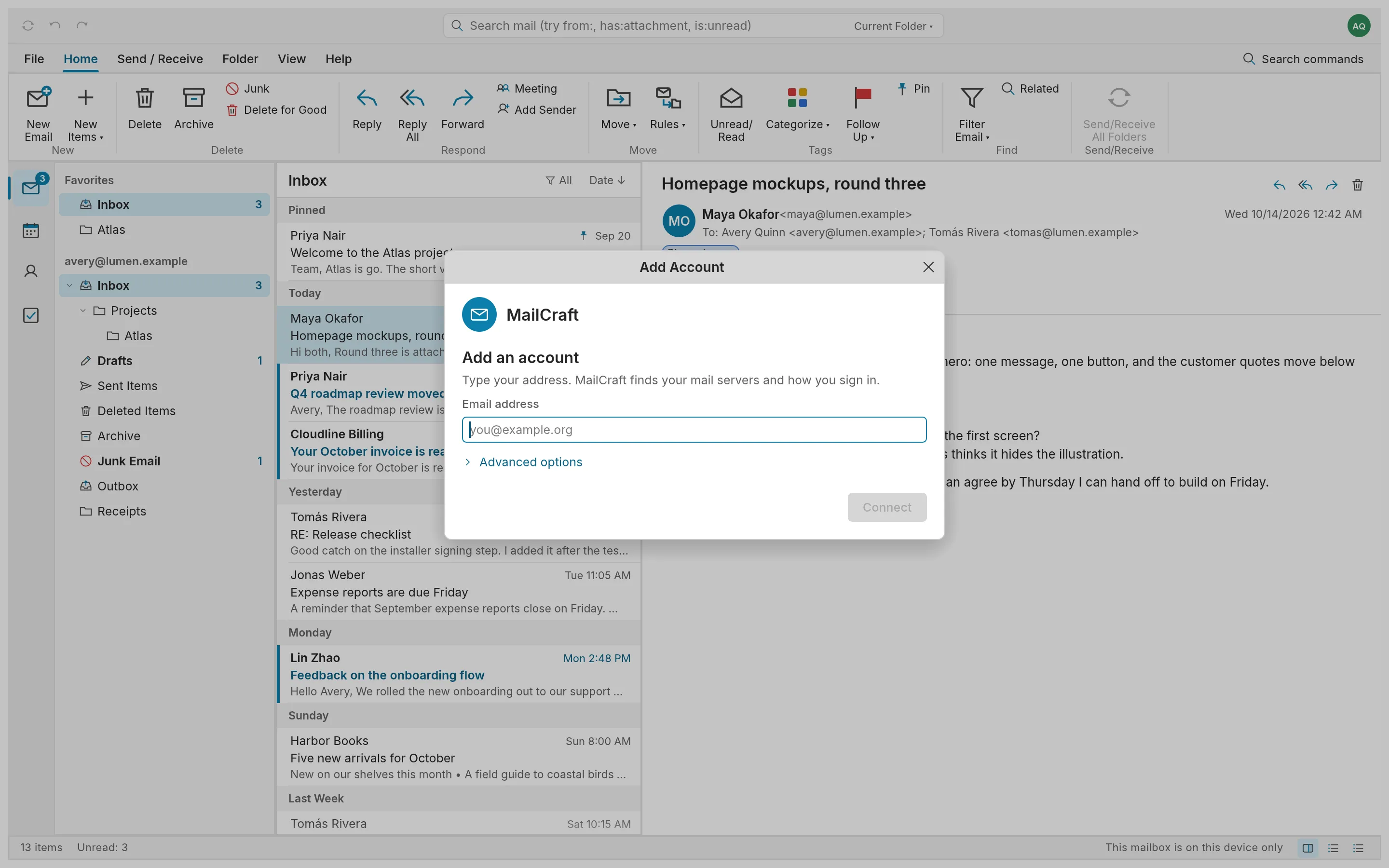 The Add account window asking for an email address.