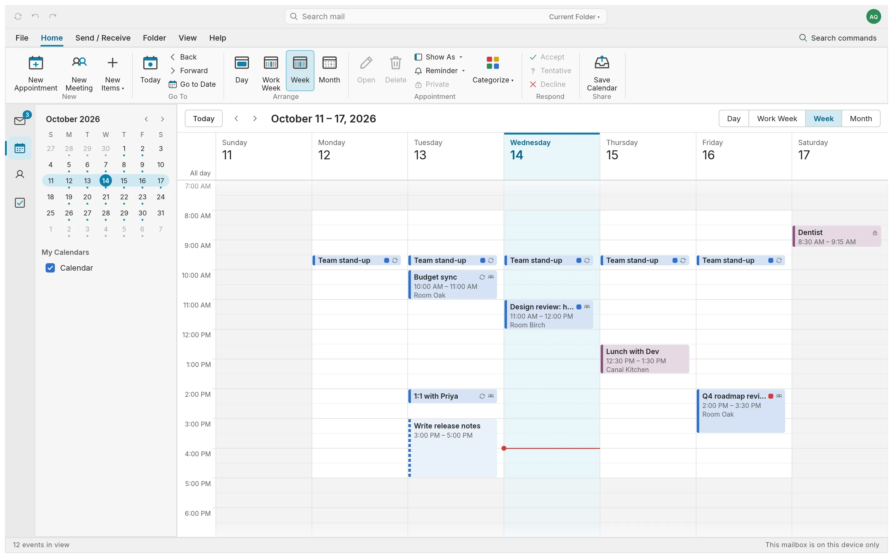 The calendar in week view with appointments across five days.