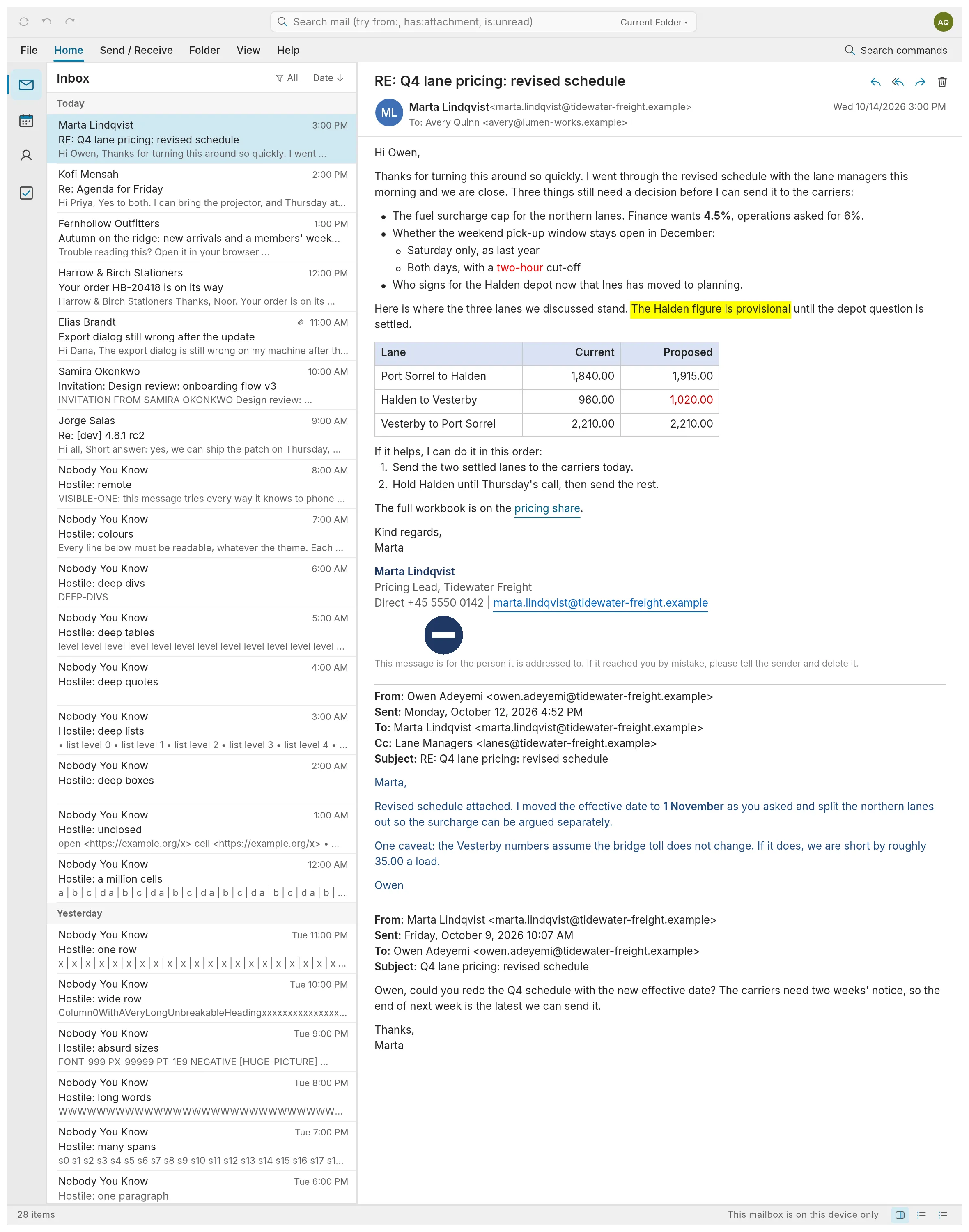 A formatted message with lists, a table and a quoted thread.
